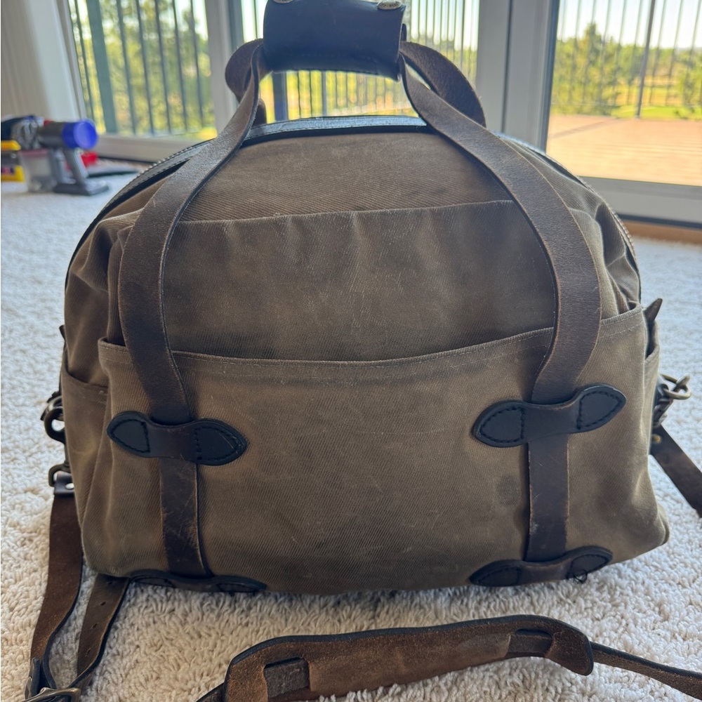 Filson Brown Duffel Bag with Rugged Canvas and Leather Accents